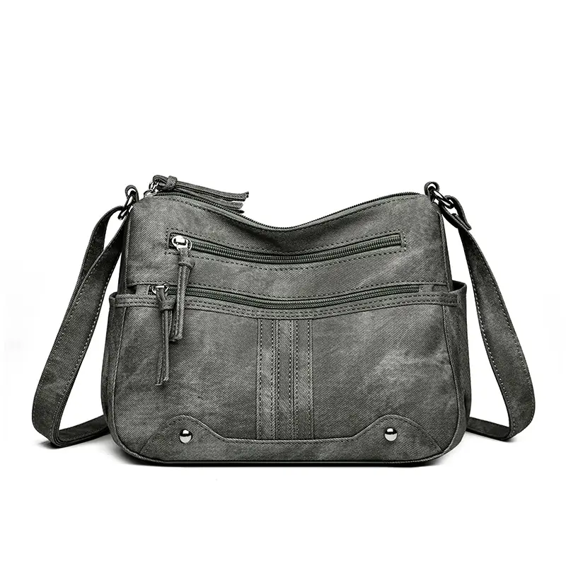 Elegant Grey Women's Shoulder Bag with Zip Pockets - Image 4
