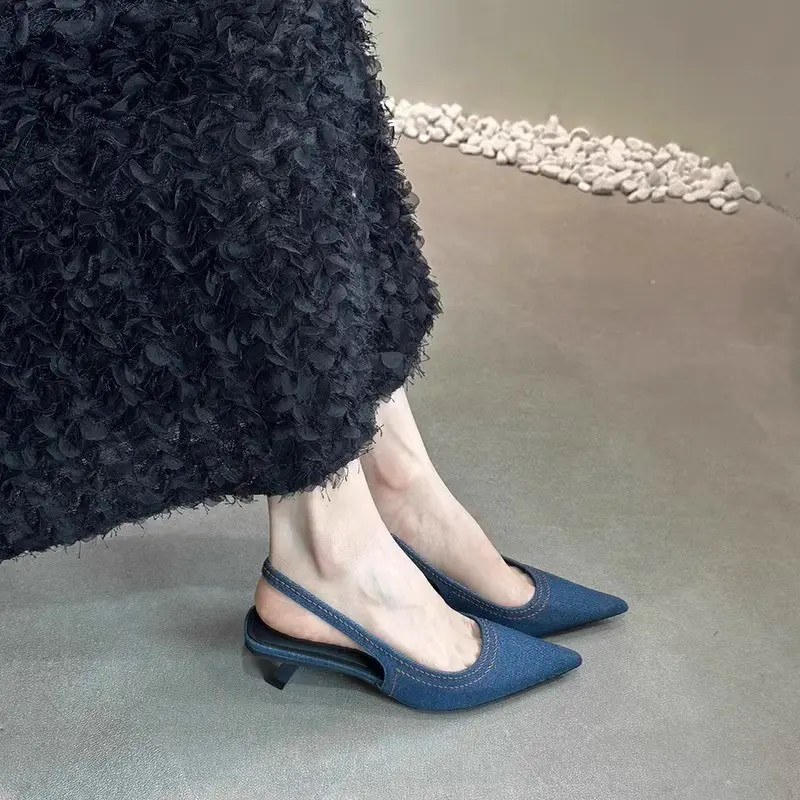 Fairy Shoes Summer Denim Toe-Toe Cat Heel Mule High Heels French Stiletto Pointed Toe Hollow Sandals Women's Shoes - Image 4