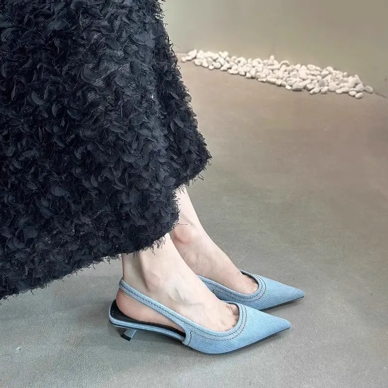 Fairy Shoes Summer Denim Toe-Toe Cat Heel Mule High Heels French Stiletto Pointed Toe Hollow Sandals Women's Shoes - Image 5