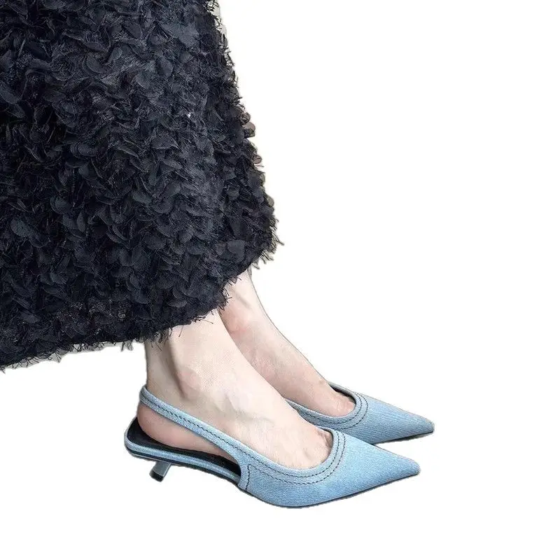 Fairy Shoes Summer Denim Toe-Toe Cat Heel Mule High Heels French Stiletto Pointed Toe Hollow Sandals Women's Shoes - Image 7