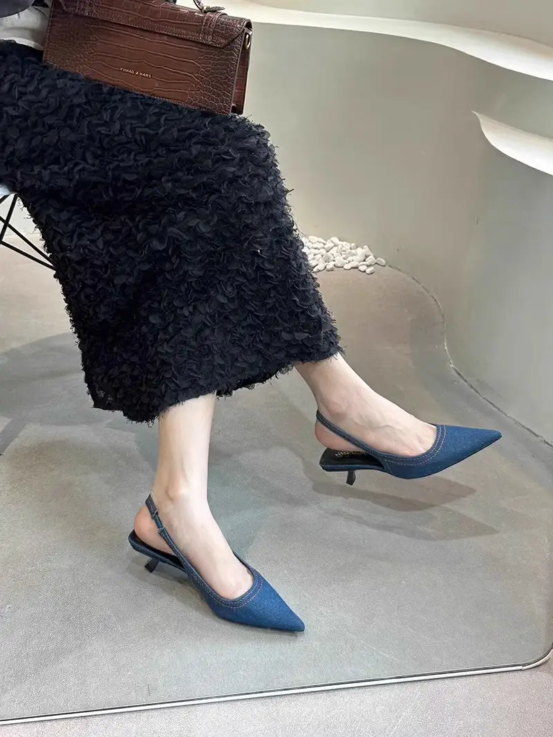 Fairy Shoes Summer Denim Toe-Toe Cat Heel Mule High Heels French Stiletto Pointed Toe Hollow Sandals Women's Shoes — feature 2