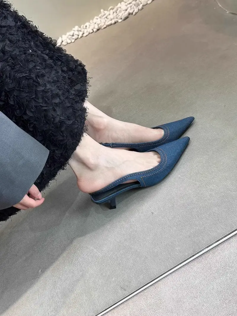Fairy Shoes Summer Denim Toe-Toe Cat Heel Mule High Heels French Stiletto Pointed Toe Hollow Sandals Women's Shoes — feature 3