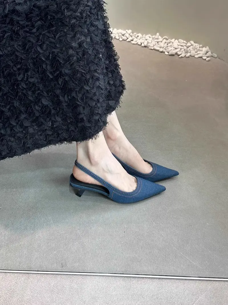 Fairy Shoes Summer Denim Toe-Toe Cat Heel Mule High Heels French Stiletto Pointed Toe Hollow Sandals Women's Shoes — feature 4