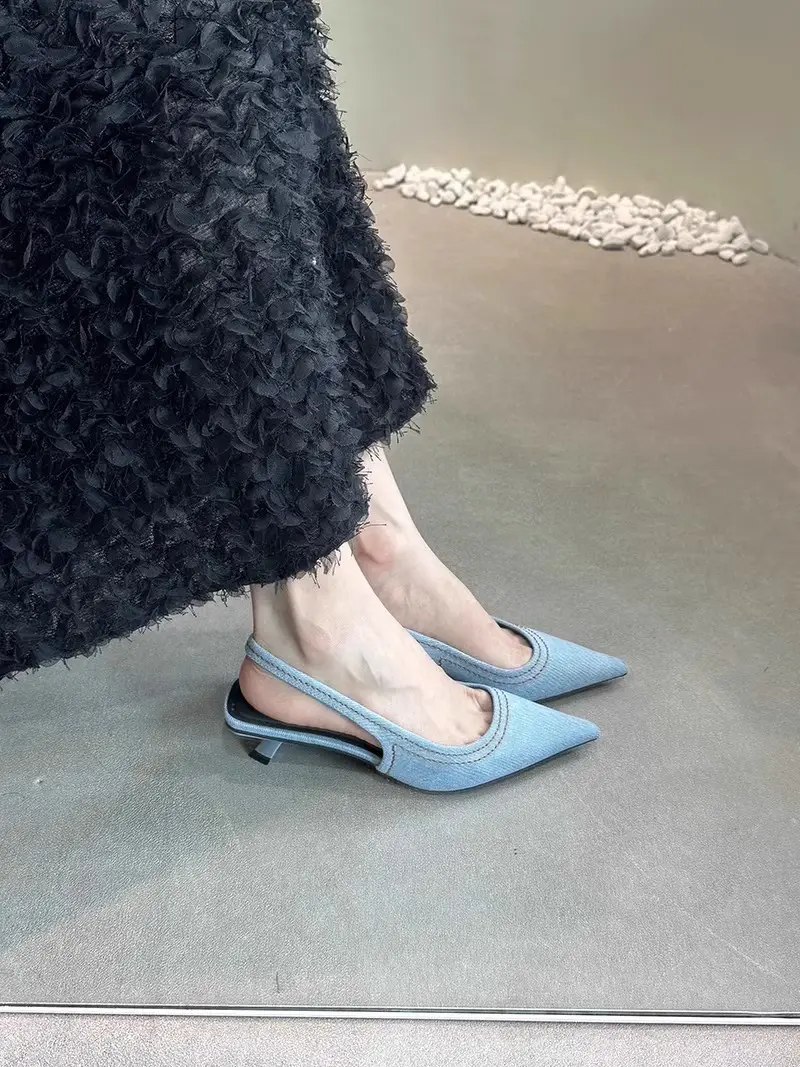 Fairy Shoes Summer Denim Toe-Toe Cat Heel Mule High Heels French Stiletto Pointed Toe Hollow Sandals Women's Shoes — feature 5