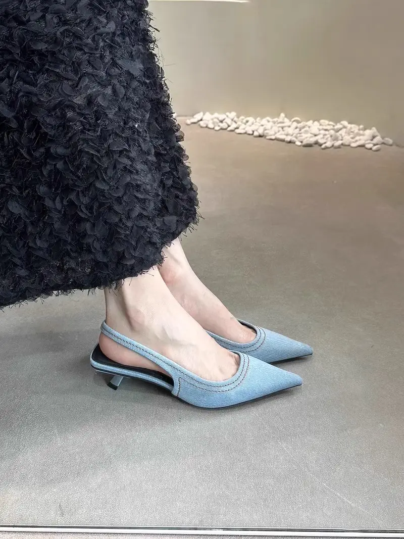 Fairy Shoes Summer Denim Toe-Toe Cat Heel Mule High Heels French Stiletto Pointed Toe Hollow Sandals Women's Shoes — feature 7