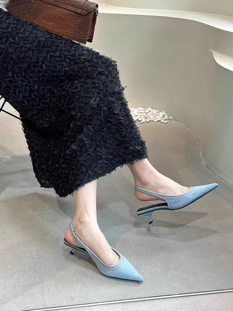 Fairy Shoes Summer Denim Toe-Toe Cat Heel Mule High Heels French Stiletto Pointed Toe Hollow Sandals Women's Shoes — feature 8