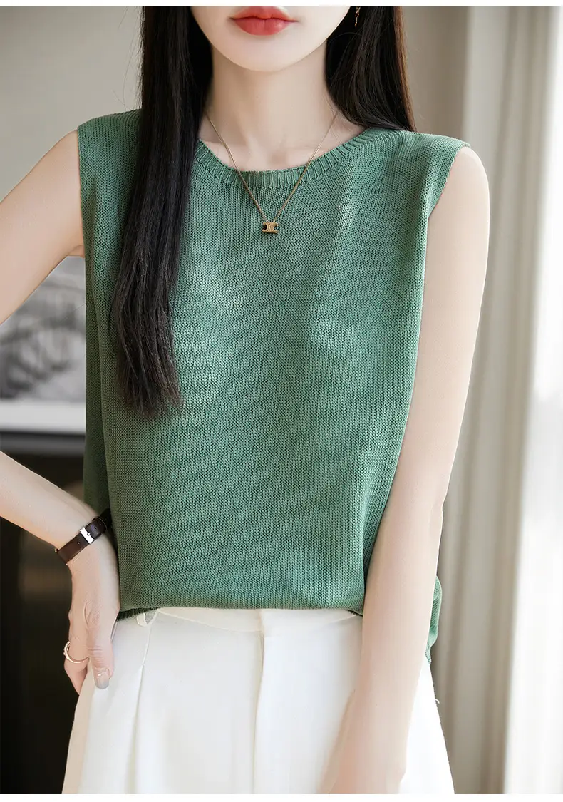 Women Green Knitted Sleeveless Vest with Round Neck — feature 10