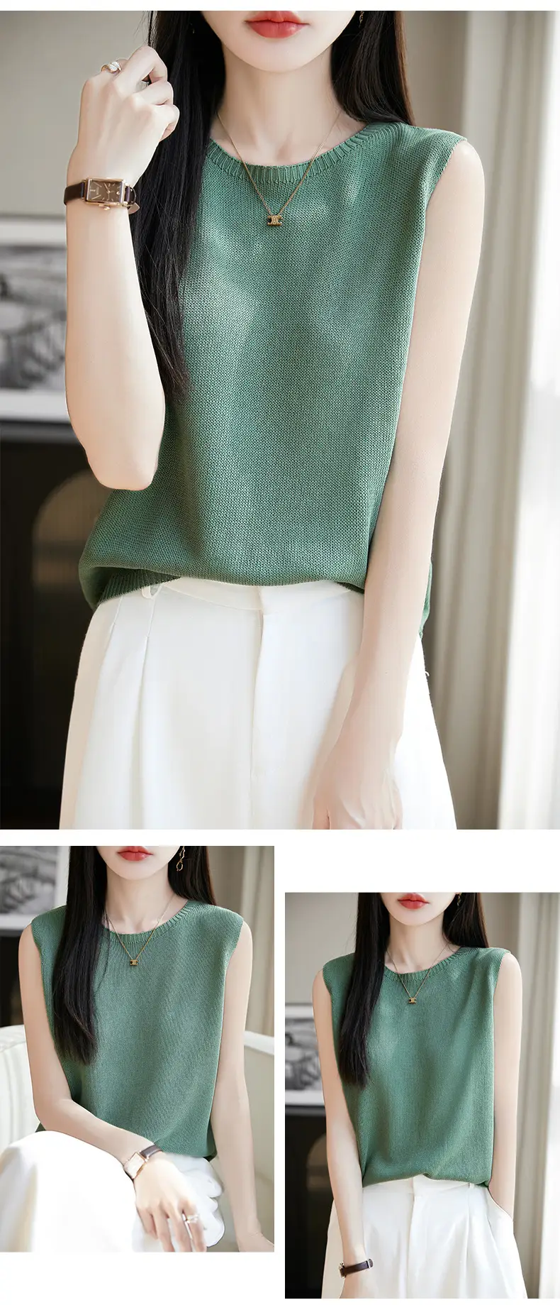 Women Green Knitted Sleeveless Vest with Round Neck — feature 11