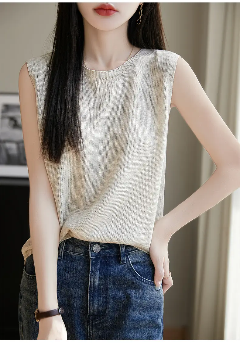Women Green Knitted Sleeveless Vest with Round Neck — feature 12