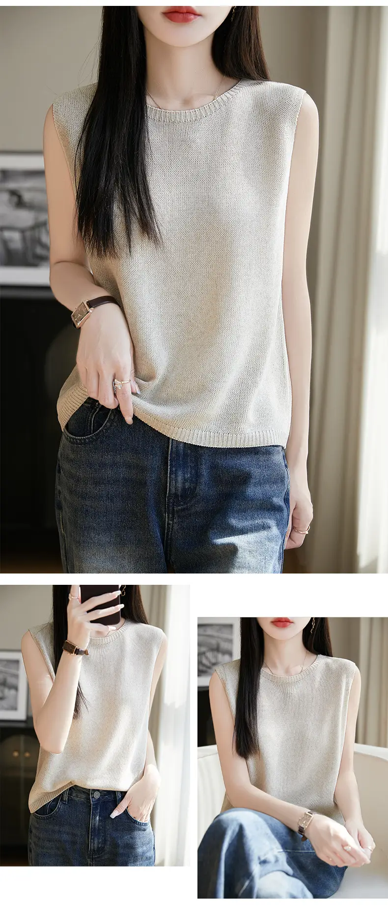 Women Green Knitted Sleeveless Vest with Round Neck — feature 13