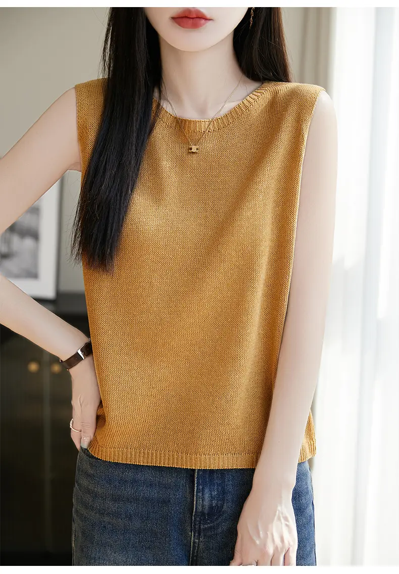 Women Green Knitted Sleeveless Vest with Round Neck — feature 14