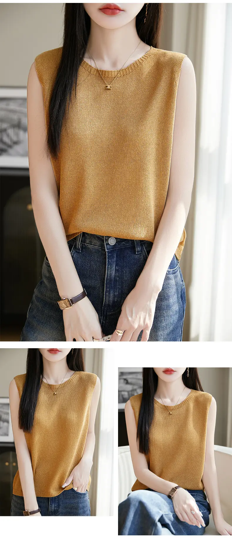 Women Green Knitted Sleeveless Vest with Round Neck — feature 15