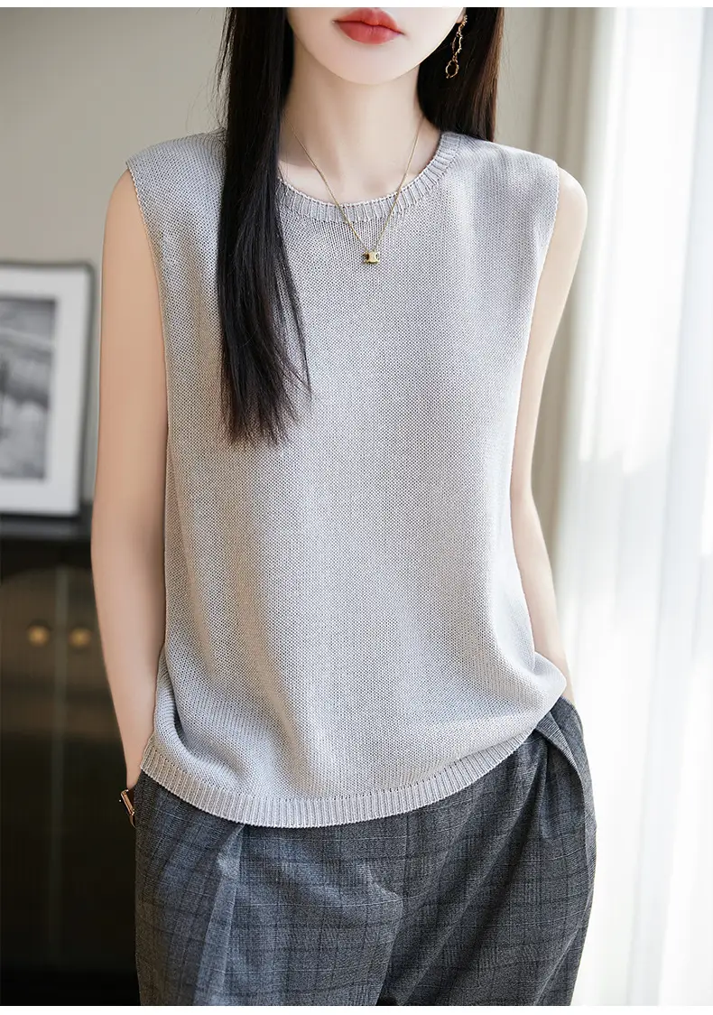 Women Green Knitted Sleeveless Vest with Round Neck — feature 16