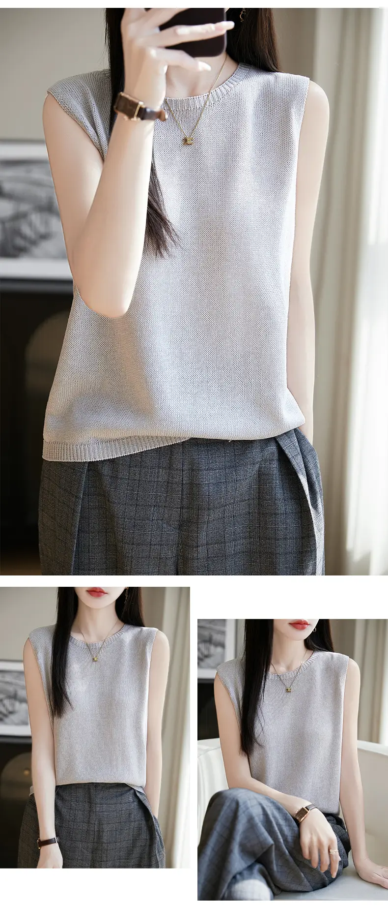 Women Green Knitted Sleeveless Vest with Round Neck — feature 17