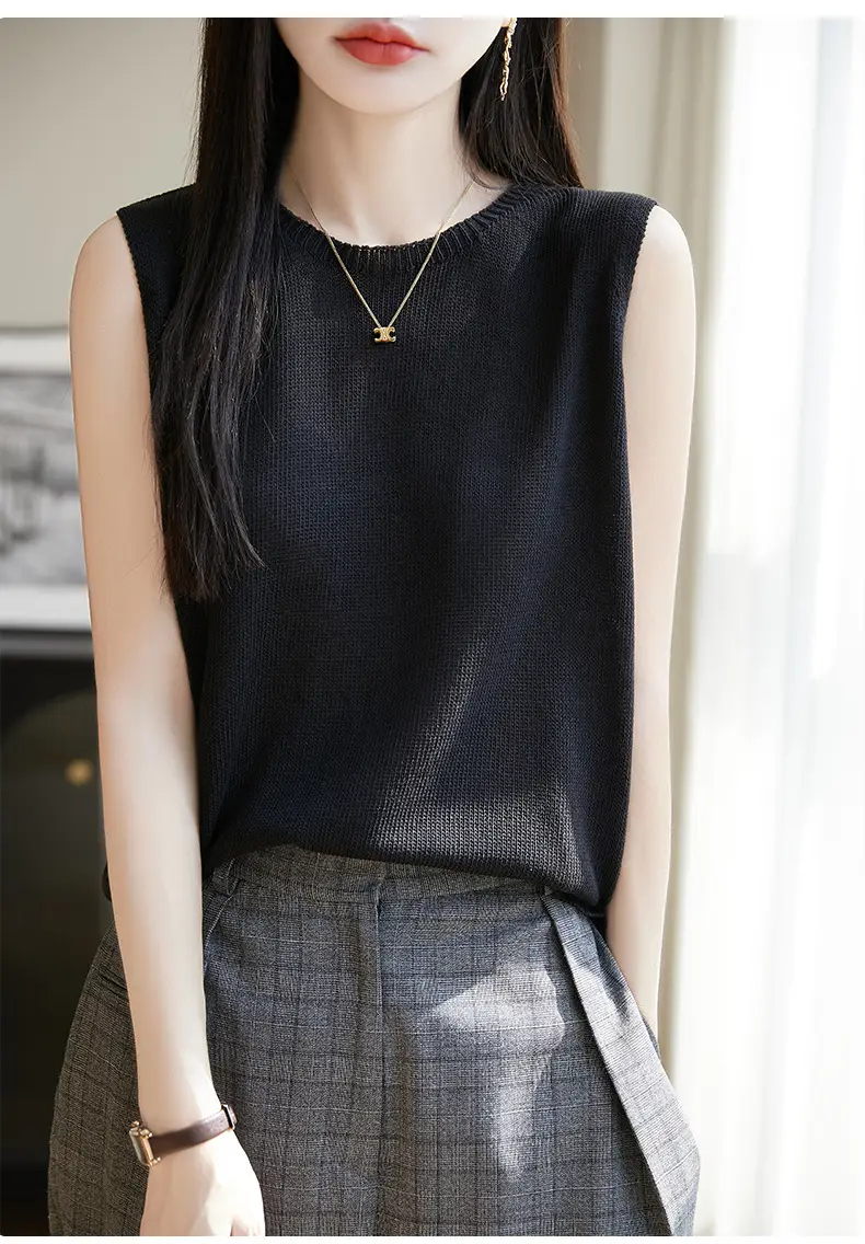 Women Green Knitted Sleeveless Vest with Round Neck — feature 18