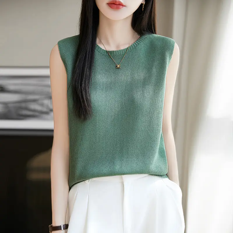 Women Green Knitted Sleeveless Vest with Round Neck - Image 2