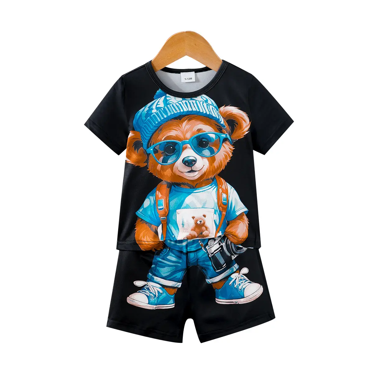 Boy Bear Print Shorts T-Shirt Set Black Summer - Image 6