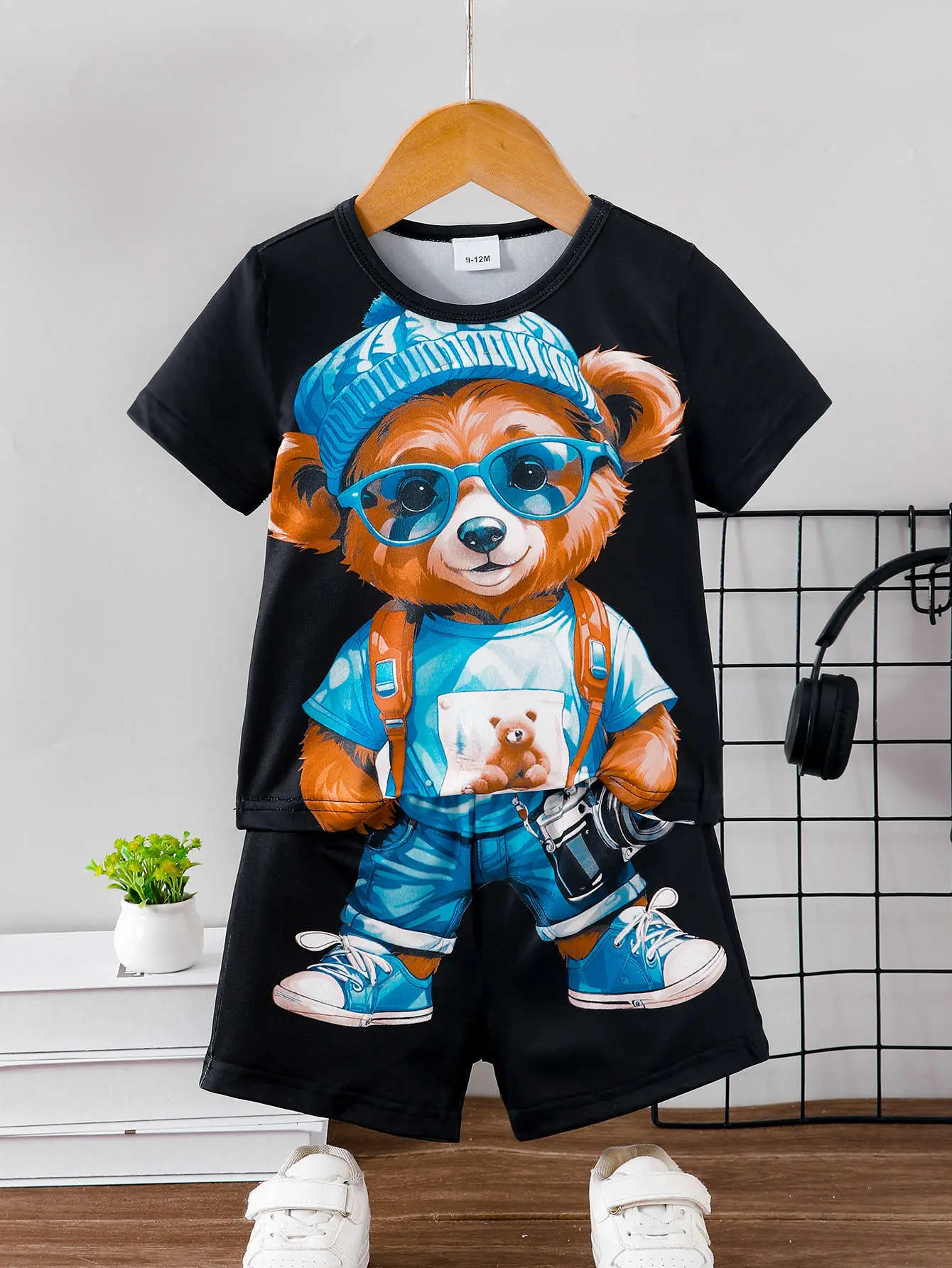 Boy Bear Print Shorts T-Shirt Set Black Summer — feature 2