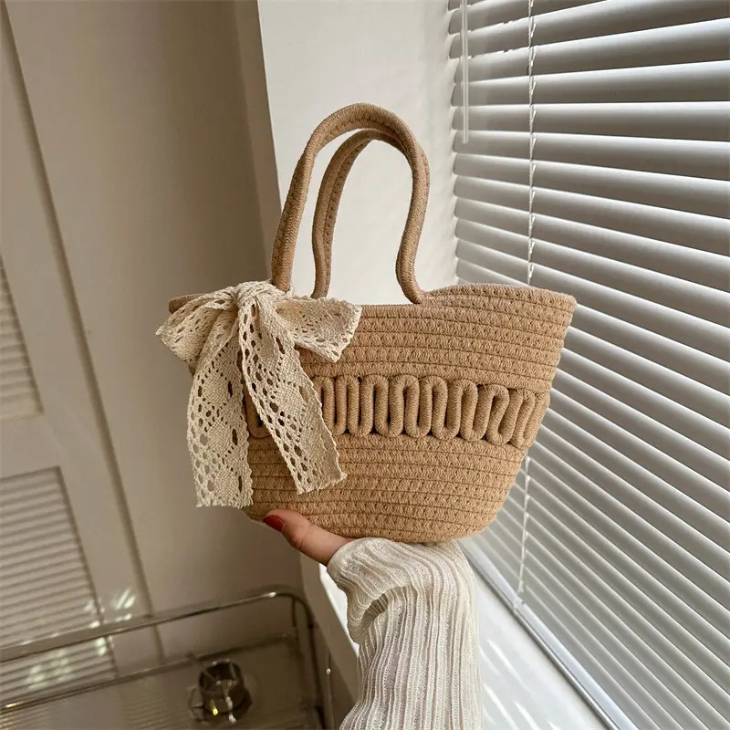 Women's woven straw tote bag with bow for spring summer - Image 4