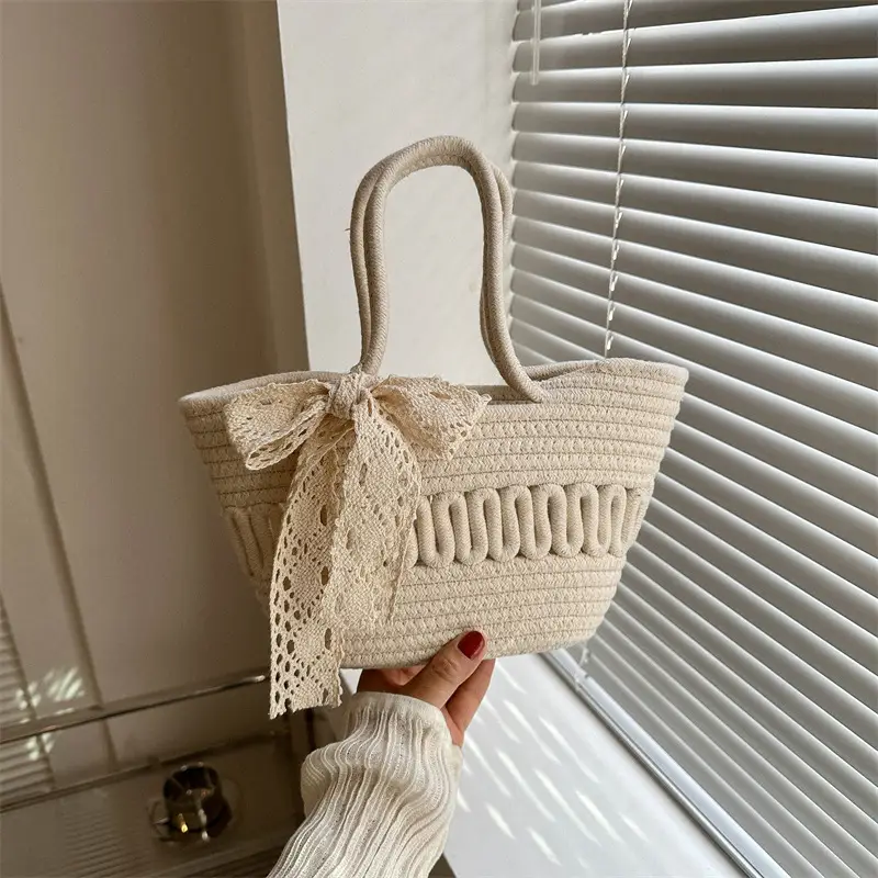 Women's woven straw tote bag with bow for spring summer - Image 5