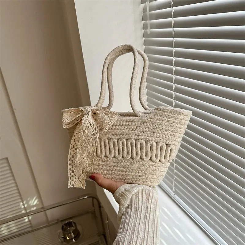 Women's woven straw tote bag with bow for spring summer - Image 6