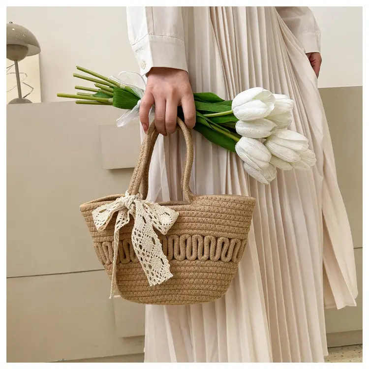 Women's woven straw tote bag with bow for spring summer — feature 10