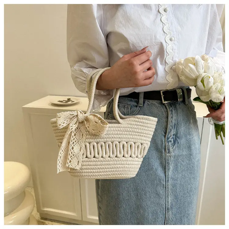 Women's woven straw tote bag with bow for spring summer — feature 11