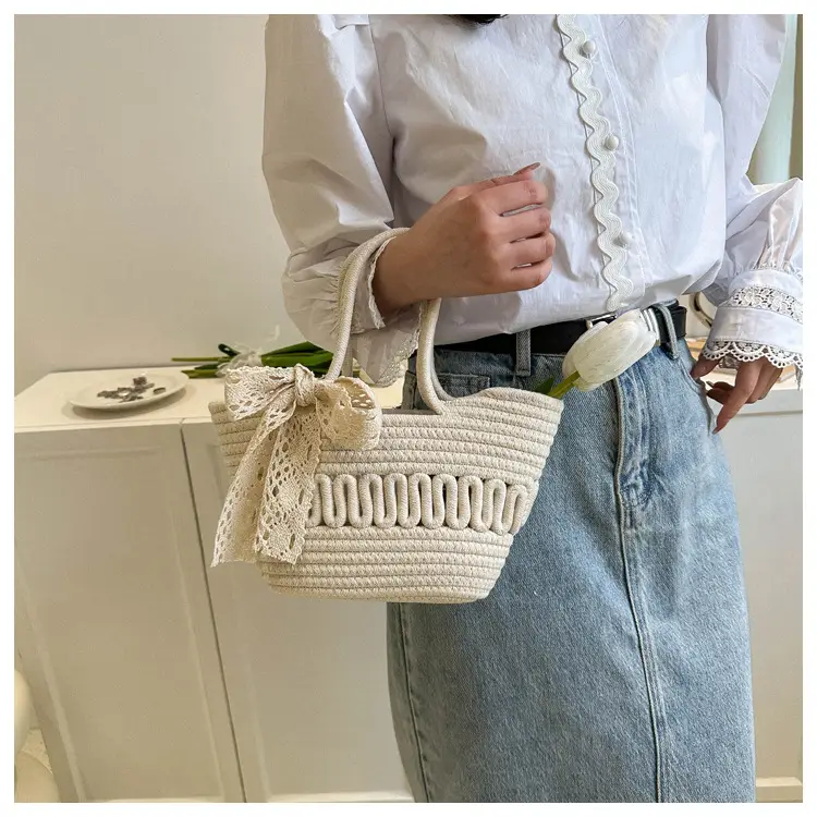 Women's woven straw tote bag with bow for spring summer — feature 12