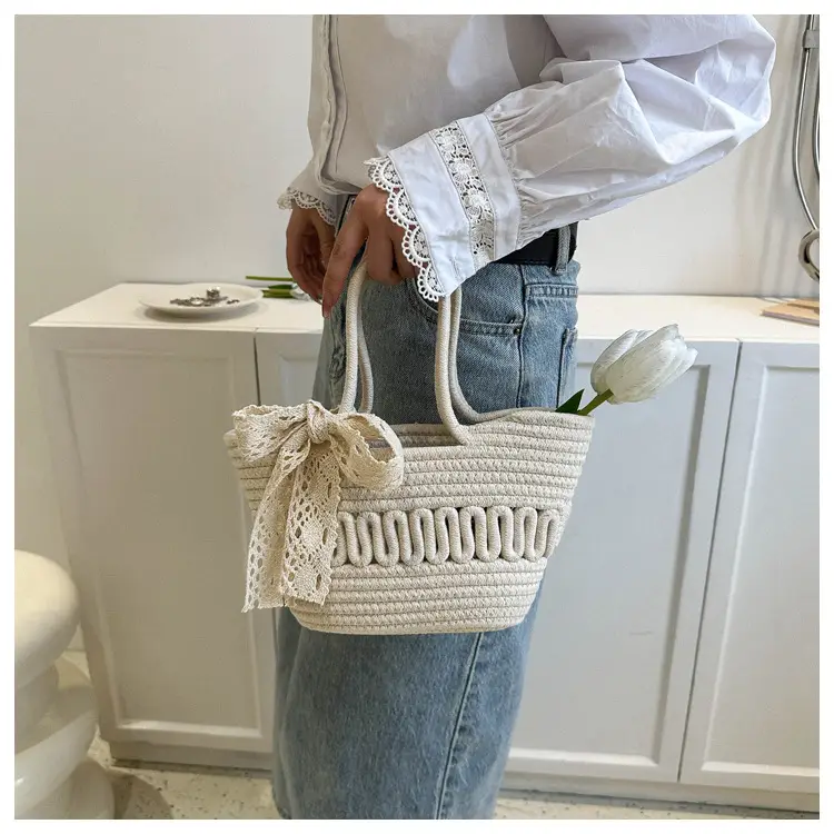 Women's woven straw tote bag with bow for spring summer — feature 13