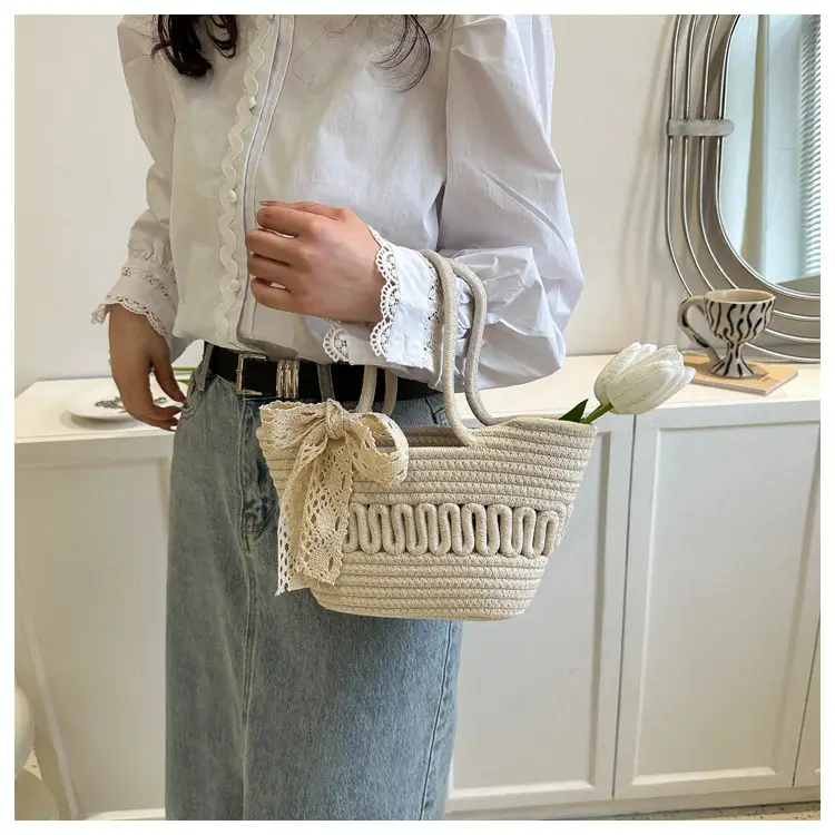 Women's woven straw tote bag with bow for spring summer — feature 14