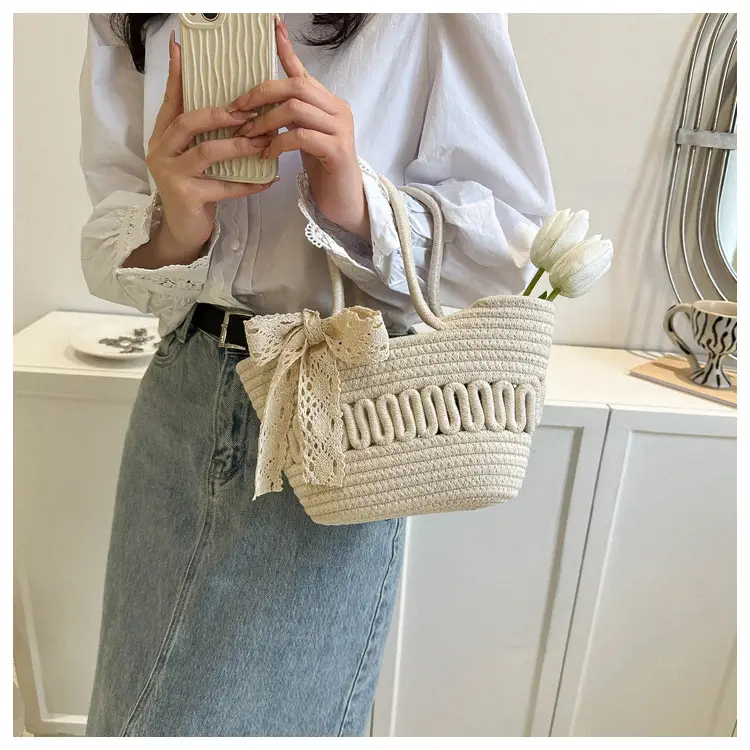 Women's woven straw tote bag with bow for spring summer — feature 15