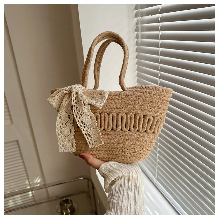Women's woven straw tote bag with bow for spring summer — feature 17