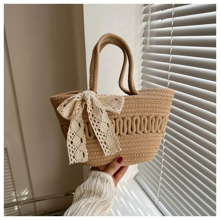 Women's woven straw tote bag with bow for spring summer — feature 18
