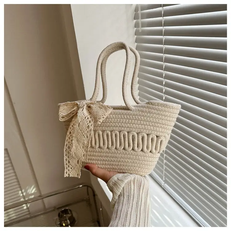 Women's woven straw tote bag with bow for spring summer — feature 19