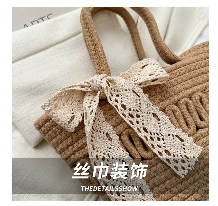 Women's woven straw tote bag with bow for spring summer — feature 2