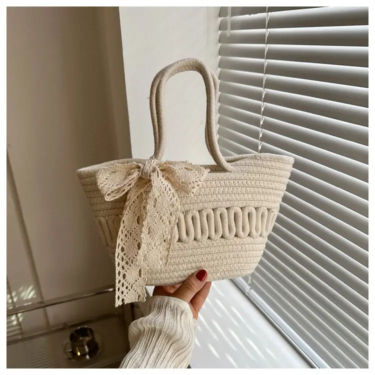 Women's woven straw tote bag with bow for spring summer — feature 20