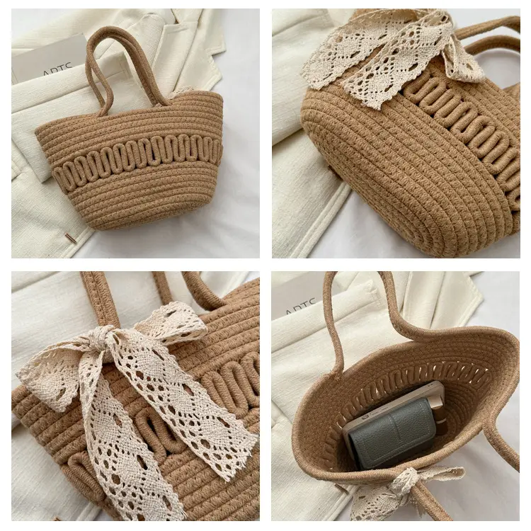 Women's woven straw tote bag with bow for spring summer — feature 5