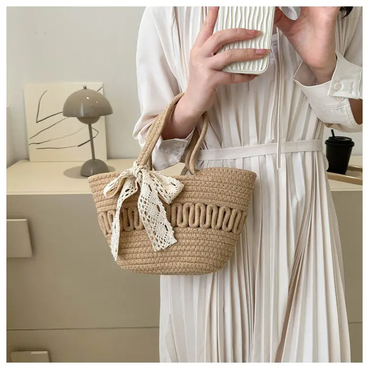 Women's woven straw tote bag with bow for spring summer — feature 6