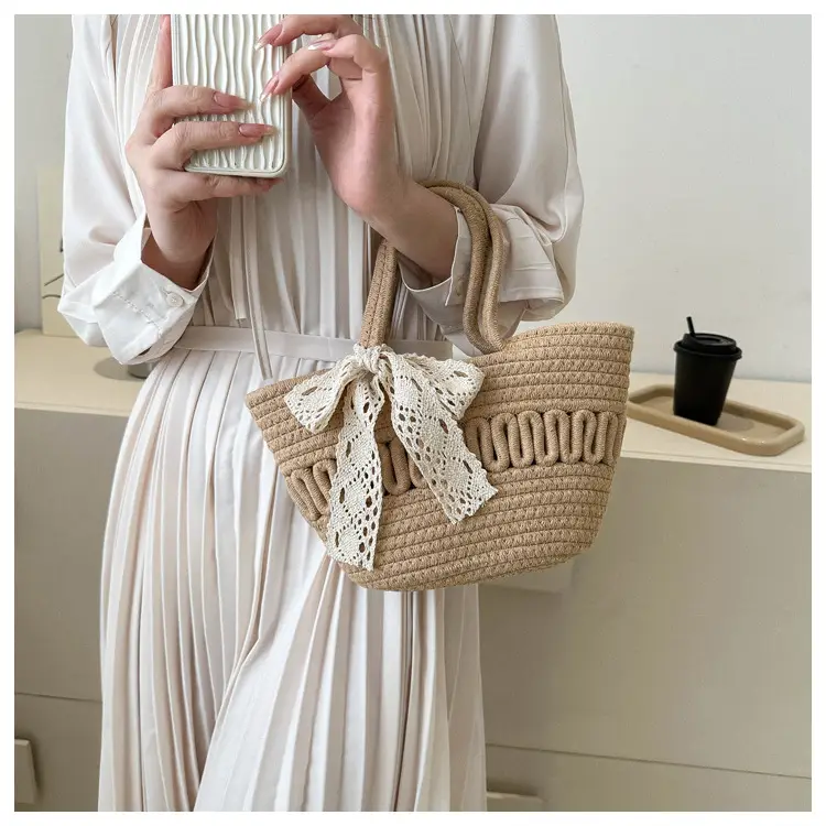 Women's woven straw tote bag with bow for spring summer — feature 7
