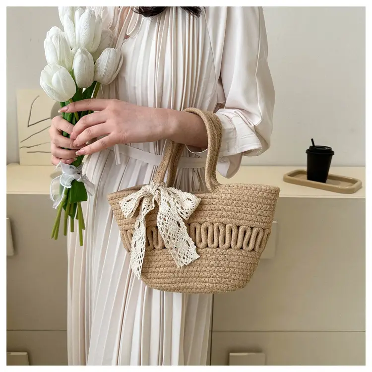 Women's woven straw tote bag with bow for spring summer — feature 8
