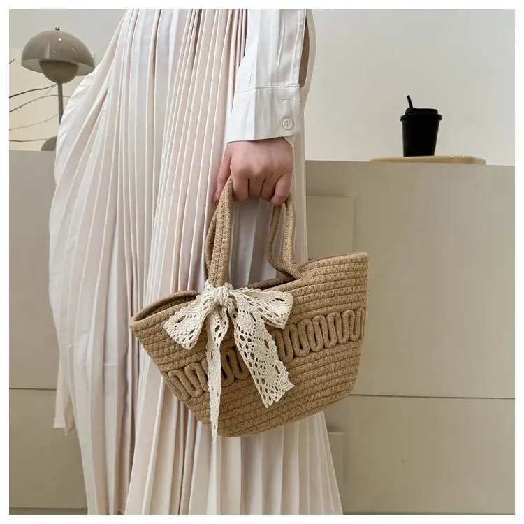 Women's woven straw tote bag with bow for spring summer — feature 9