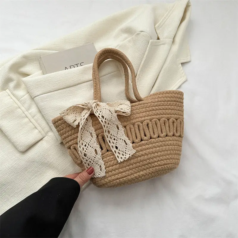 Women's woven straw tote bag with bow for spring summer - Image 2