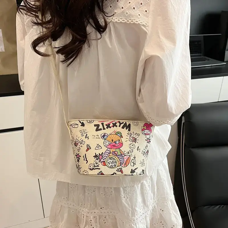 Female Cartoon Bear Print Bucket Bag 2025 New Spring Korean Style