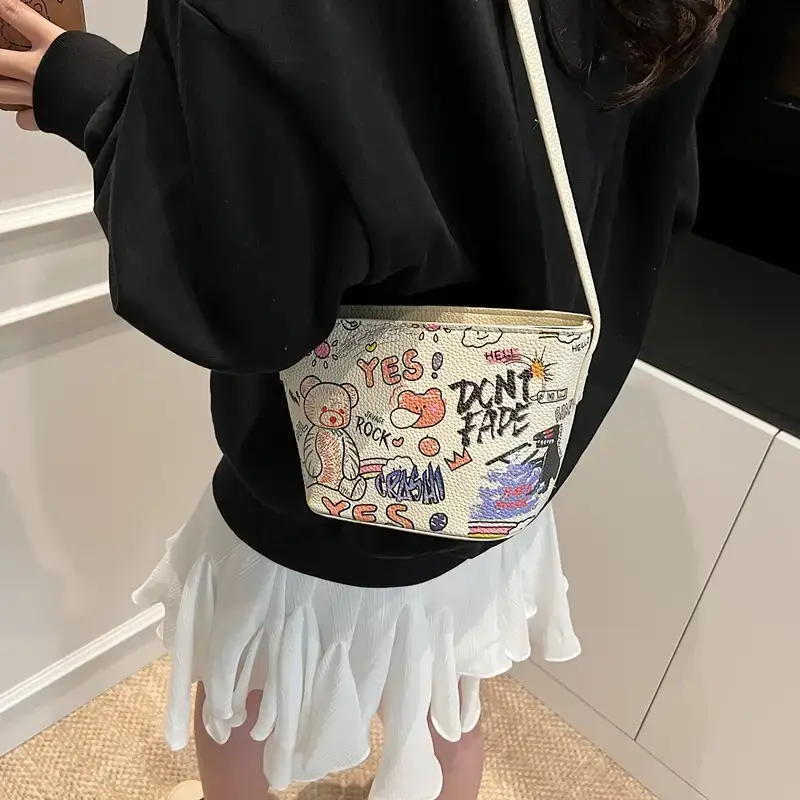 Female Cartoon Bear Print Bucket Bag 2025 New Spring Korean Style