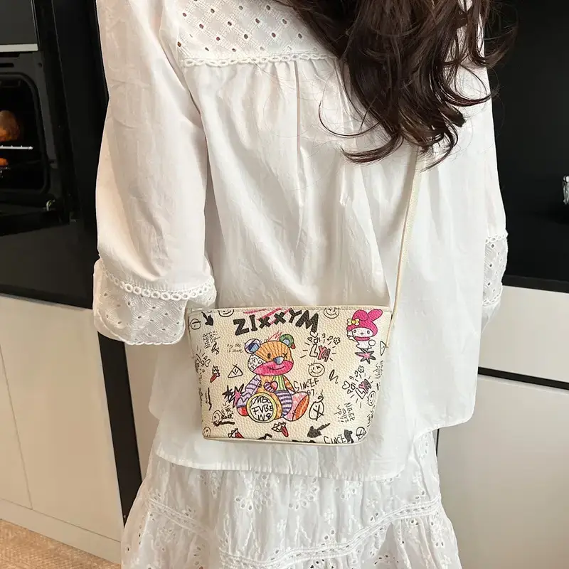 Female Cartoon Bear Print Bucket Bag 2025 New Spring Korean Style