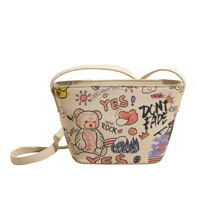 Female Cartoon Bear Print Bucket Bag 2025 New Spring Korean Style