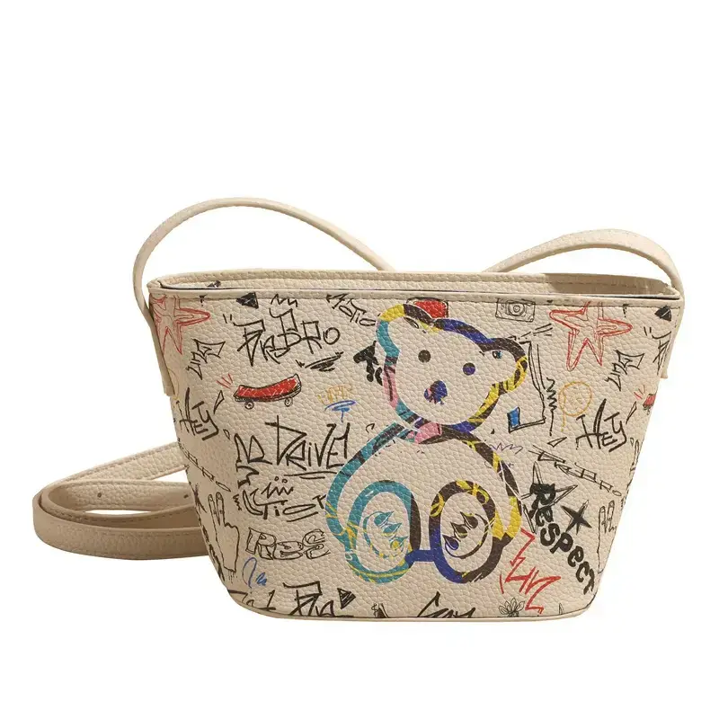 Female Cartoon Bear Print Bucket Bag 2025 New Spring Korean Style