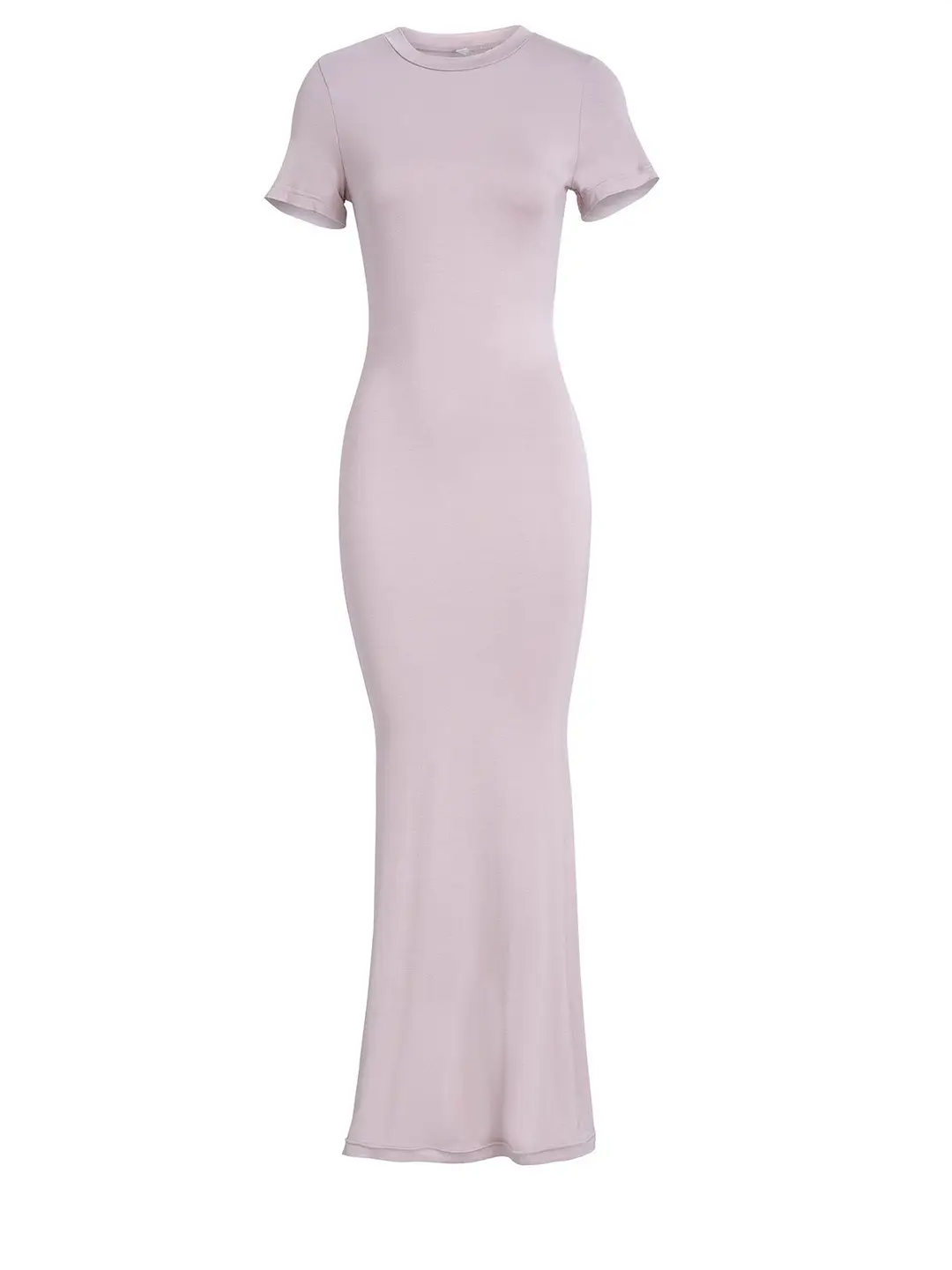 Amazon European and American Clothing Spring and Summer Foreign Trade Solid Color Temperament High Elastic Slim Sexy Short-Sleeved Long Skirt Dress
