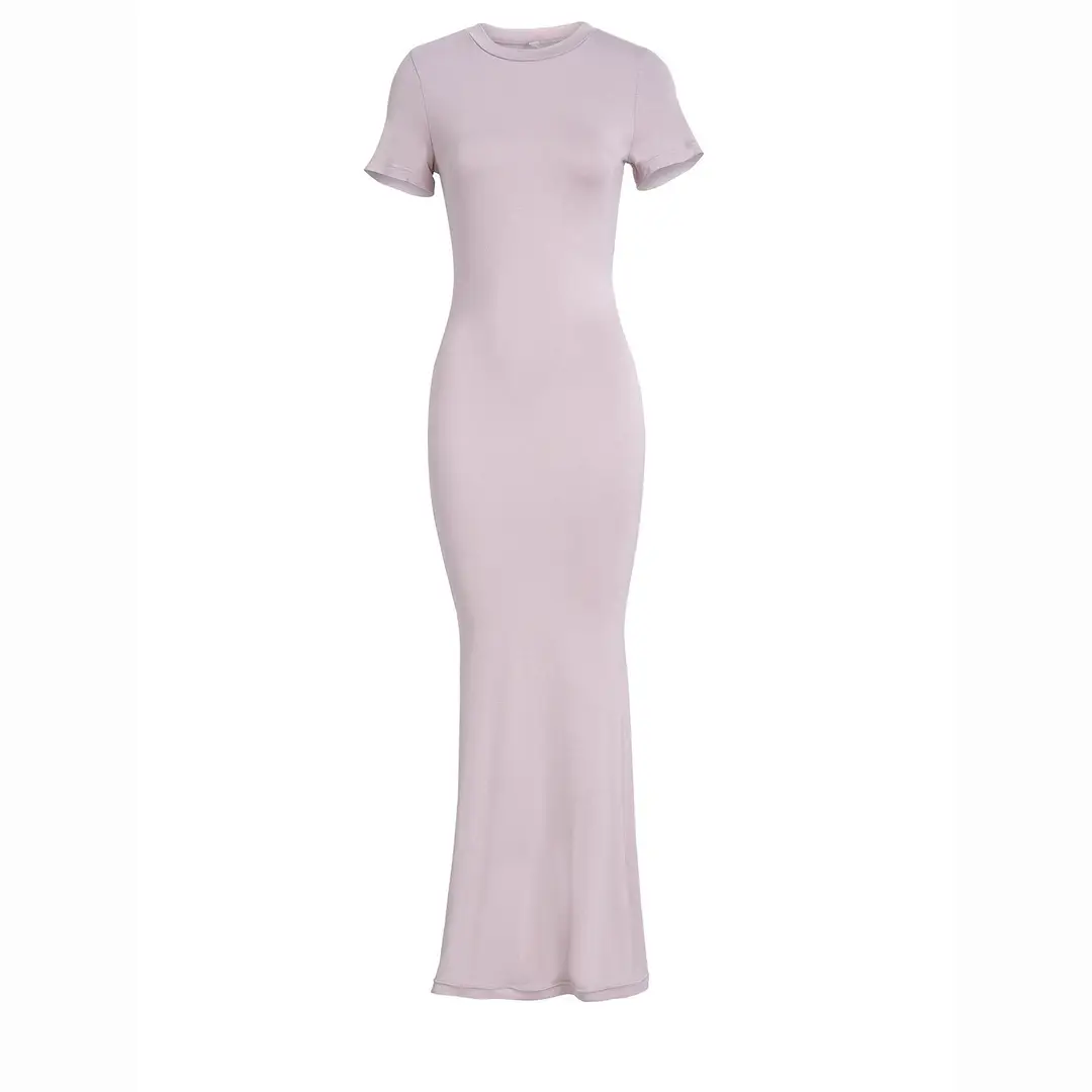 Amazon European and American Clothing Spring and Summer Foreign Trade Solid Color Temperament High Elastic Slim Sexy Short-Sleeved Long Skirt Dress — feature 3