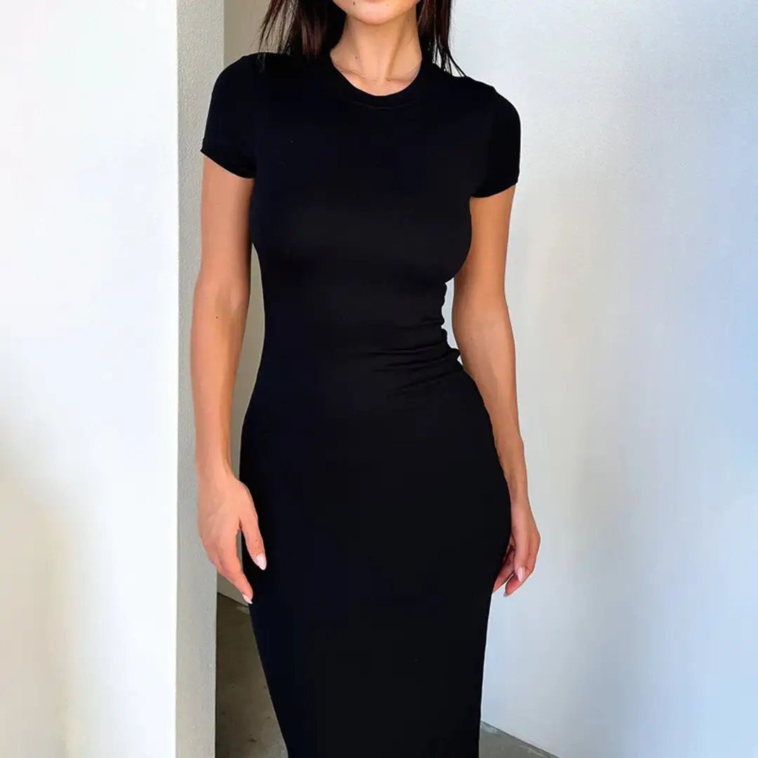 Amazon European and American Clothing Spring and Summer Foreign Trade Solid Color Temperament High Elastic Slim Sexy Short-Sleeved Long Skirt Dress — feature 4